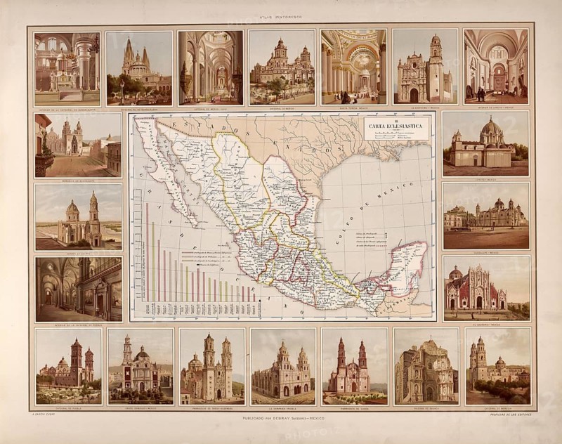 Ecclesiastical buildings in Mexico, religious architecture, churches, monastery, around 1900, illustration, reproduction from a model from the 19th century. School picture, mural, authentic, file restored for optimal use, exact date of original unknown, historical