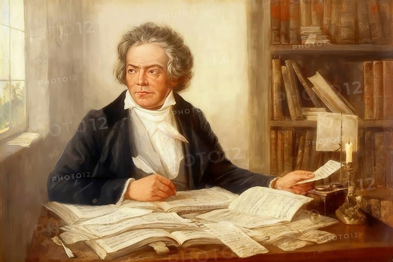 Ludwig van Beethoven composing in his study, writing the pastoral symphony, digitally edited based on a historical illustration by Wilhelm Faßbender
