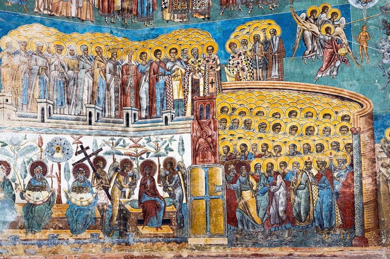 Close-up of a fresco with numerous holy figures and rich details, exterior view, Saint George Monastery, Voronet Monastery, UNESCO World Heritage Site, Suceava County, Bukovina Region, Moldova, Romania