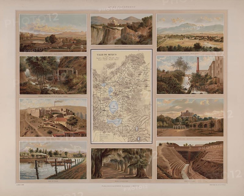 Map of Mexico surrounded by images of the country's landmarks, illustration, reproduction from a 19th century model. School picture, mural, authentic, file restored for optimal use, exact date of original unknown, historical