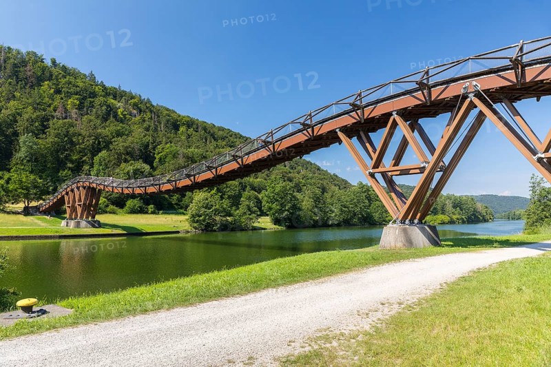 Wooden bridge near Essing, called Tatzelwurmbrücke, spannbandbrücke over the Main-Danube Canal, Altmühltal, Essing, Bavaria, Germany