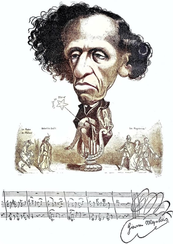 A caricature of the German composer Giacomo Meyerbeer (1791–1864), one of the most successful opera composers of the 19th century and the founder of French grand opéra. Meyerbeer is seated on a throne-like chair and is holding a magic wand pointing towards the star L'Étoile du Nord, one of his famous opéras-comiques, sheet music, reproduction of a 19th-century original. Authentic, file restored for optimal use, exact date of the original unknown, nostalgically coloured