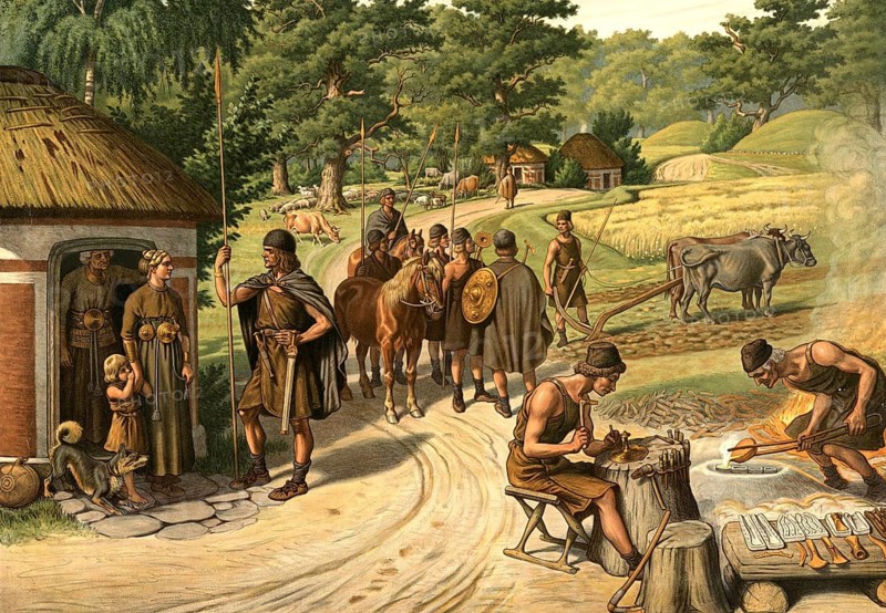 A scene from the European Bronze Age (c. 2200–800 BC), depicting various aspects of daily life. Activities such as farming with oxen, craftsmanship, metalworking and village life, school picture, illustration, reproduction of a 19th-century original. School picture, mural, authentic, file restored for optimal use, exact date of the original unknown, historical