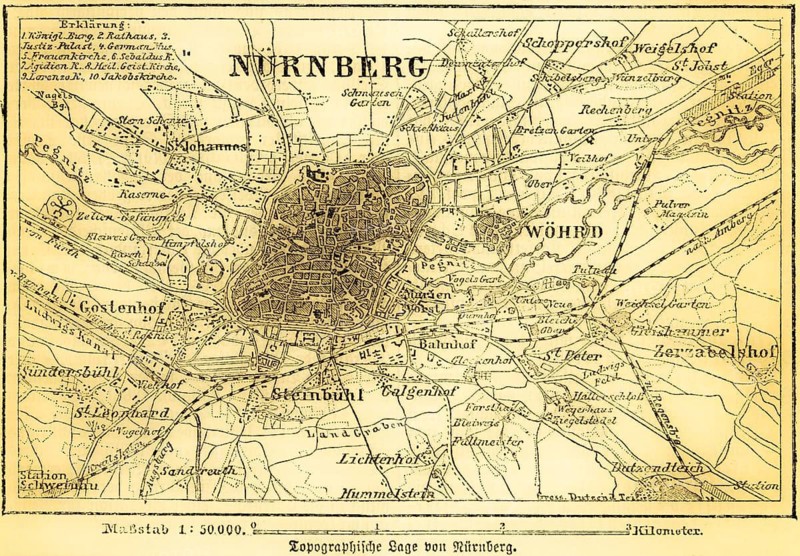 City map of Nuremberg and surrounding area, Pegnitz, Ludwigs Canal, villages, roads, railroad, railway station, scale in kilometers, map, topography, geography, historical illustration 1885