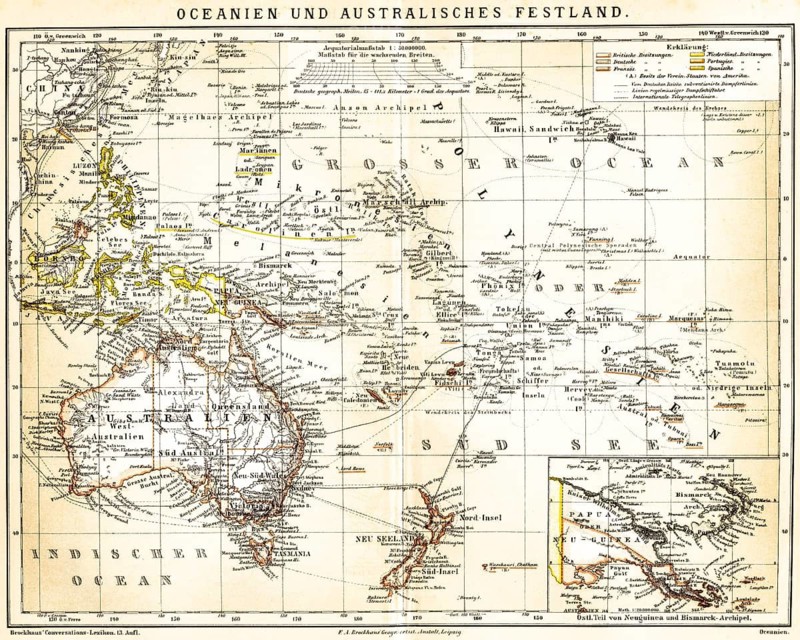 Map of Oceania and Mainland Australia with special map of Eastern New Guinea and Bismarck Archipelago, Oceania, Australia, grid, scale, possessions of Britain, Germany, France, Netherlands, Portugal, Spain, German Empire, subvented steamer lines, steamship, international telegraph lines, New Zealand, Melanesia, Micronesia, atolls, Fiji Islands, Marshal Archipelago, Hawaii, Chinese Sea, colonies, colonialism, historical illustration 1885