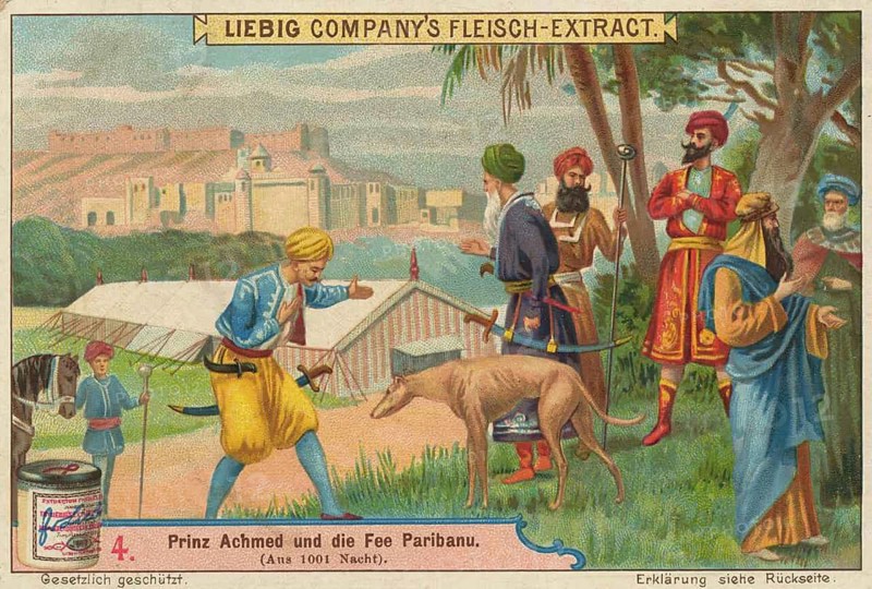 Series of pictures Prince Achmed and the fairy Paribanu, scene from the fairy tale in which Prince Achmed (the son of the Sultan of India) appears in oriental dress in front of a group of men, accompanied by a greyhound, Liebig picture, digitally restored reproduction of a collector's picture from around 1900, exact date unknown