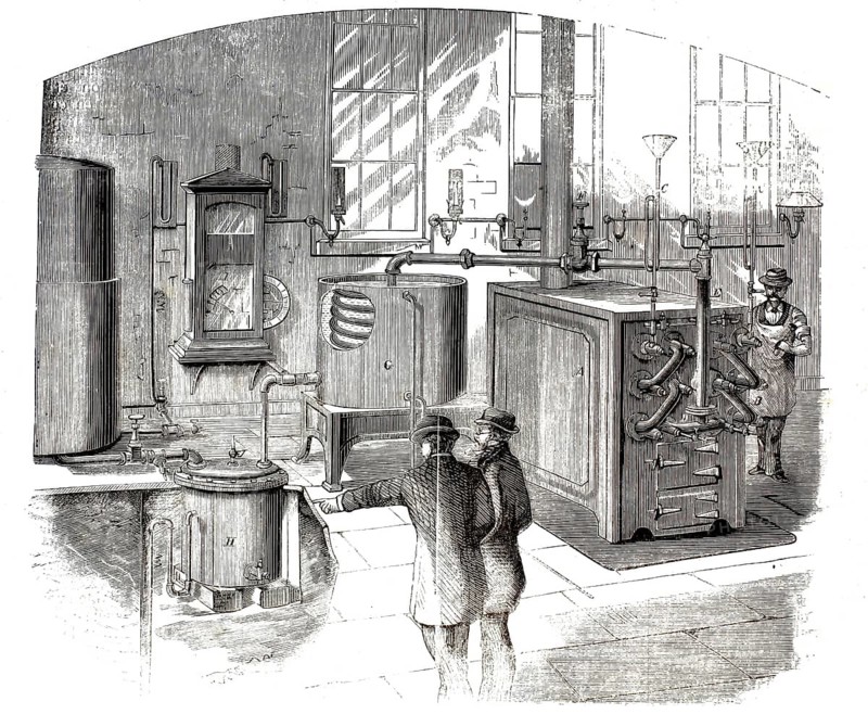 Eichholz systems, a specific system patented in the 19th century for the production of portable petroleum gas, oil gas, for lighting. It was developed to make gas production more compact, safe and decentralized for individual buildings, illustration, reproduction from a model from the 19th century. Authentic, file restored for optimal use, exact date of submission unknown, historical