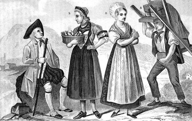 Traditional clothing styles and culture from the 19th century. Traditional costumes from the canton of Thurgau (1, 2), the canton of Glarus (3, 4), Switzerland, illustration, reproduction of a 19th-century original. Authentic, file restored for optimal use, exact date of the original unknown, historical