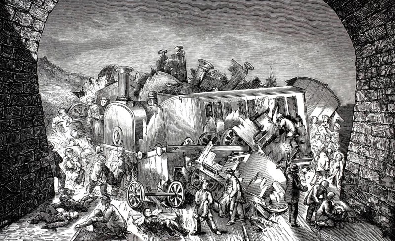 December 17, 1876, railway disaster at the entrance of the Saint-Innocent Tunnel, Tunnel de Grésine, France. The famous luxury train Malle des Indes, India mail train, which came from Paris, collided with a passenger train from Aix-les-Bains, illustration, reproduction from a 19th-century model. Authentic, file restored for optimal use, exact date of submission unknown, historical