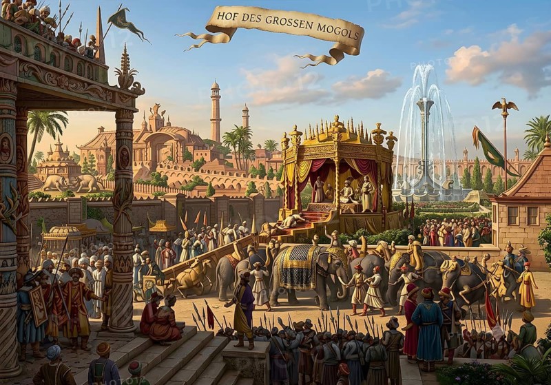 Court of the Grand Mughal in Delhi, India, ruler, Mughal Empire, prince, pomp, wealth, historical illustration, digitally edited