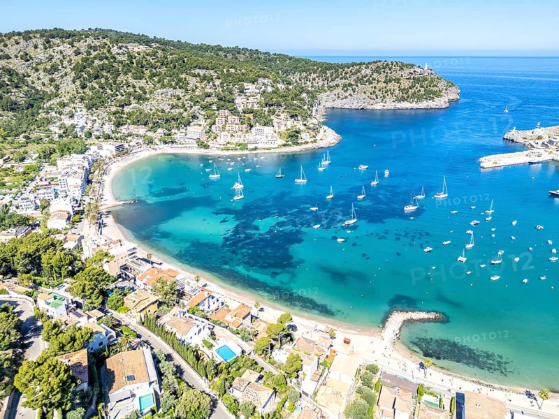 Port de Soller in Majorca Aerial view from above Seaside Beach Marina with boats Trip in Spain
