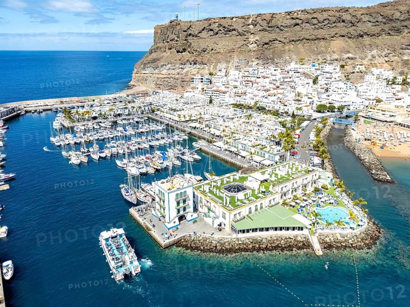 Gran Canaria aerial view from above Puerto de Mogan seaside vacation Port trip in Puerto de Mogán, Spain