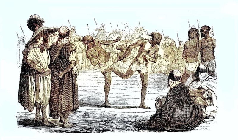 Traditional North African form of martial arts known as Matreg or El-Rebba, a form of stick and kick fighting practiced in 19th century Algeria, illustration, reproduction from a model from the 19th century. Authentic, file restored for optimal use, exact date of original unknown, historical, colored