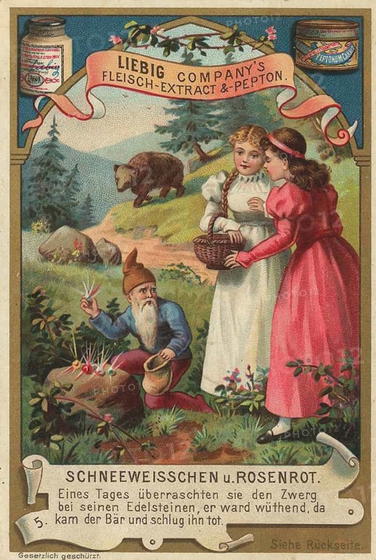 Picture series Fairy Tales, Snow White and Rose Red, one day they surprised the dwarf with his precious stones, he became angry, the bear came and beat him dead, favorite picture, digitally restored reproduction of a collector's painting from around 1900, exact date unknown