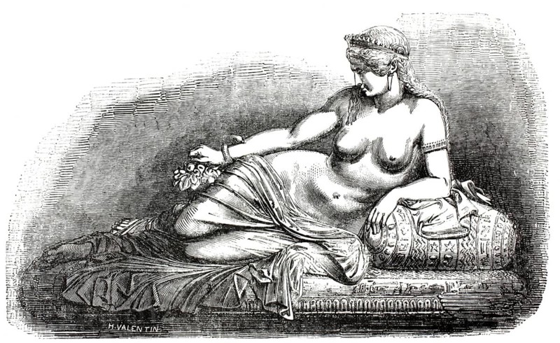 Marble sculpture of Cleopatra VII created by French sculptor Daniel. Depiction shows Cleopatra VII, the last ruler of Ptolemaic Egypt, in a classic, reclining pose, around 1860, illustration, reproduction from a model from the 19th century. Authentic, file restored for optimal use, exact date of submission unknown, historical