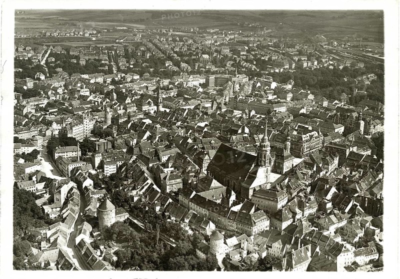 Aerial view, Bautzen, Saxony, city with densely packed historic buildings and churches, Walter cock, around 1938