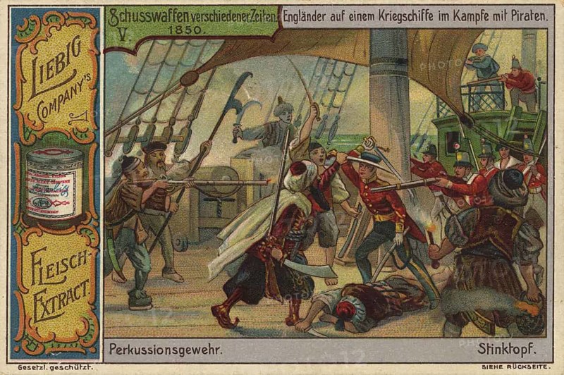 Series of pictures of firearms from different times, Englishmen fighting pirates on a warship in 1850, percussion rifle and stink pot, an early chemical incendiary weapon that was used in naval battles. The pot was mostly made of earthenware and was filled with sulfur, pitch, gunpowder and poisonous substances, lovely picture, digitally restored reproduction of a collector's painting from around 1900, exact date unknown