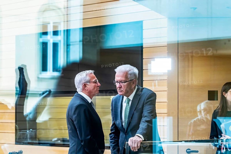 Outgoing Minister President Winfried Kretschmann (Greens) in conversation with the new President of the State Parliament Thomas Strobl, CDU (left) . Constituent session of the 18th State Parliament of Baden-Württemberg. Stuttgart, Baden-Württemberg, Germany