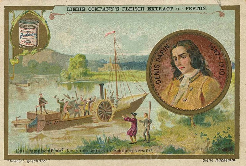 Explorer picture series, collector's card from the late 19th or early 20th century, which addresses the inventor Denis Papin and the destruction of his steamship, favorite painting, digitally restored reproduction of a collector's painting from around 1900, exact date unknown