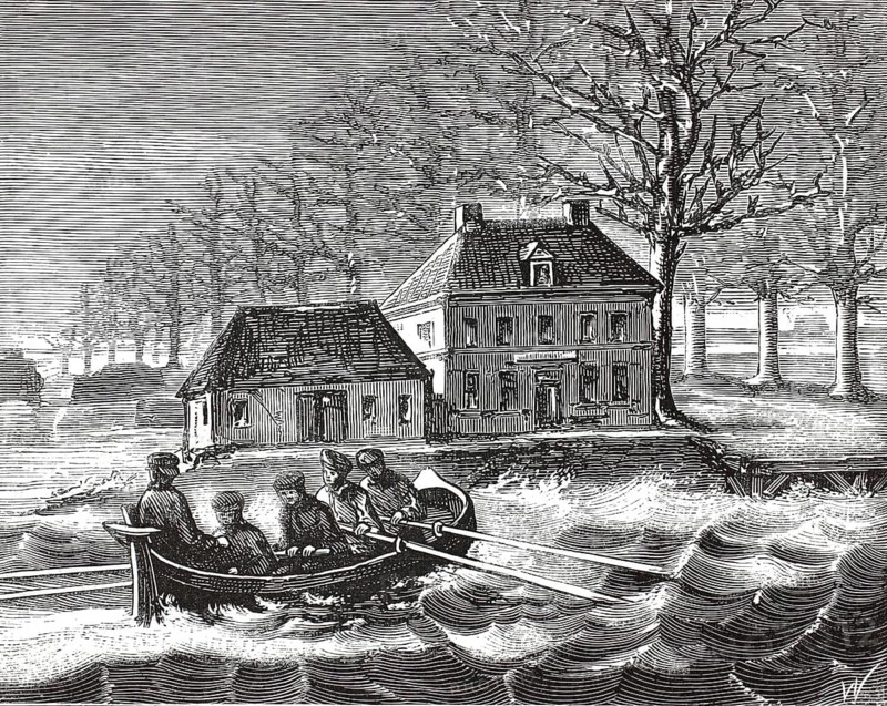 Historical depiction of the riverbank region of the Rupel river in Belgium, in the immediate vicinity of the municipality of Boom, evacuation of typical Flemish lakeside houses with simple rowing boats in the event of a flood, 1880, illustration, reproduction from a 19th-century model. Authentic, file restored for optimal use, exact date of submission unknown, historical