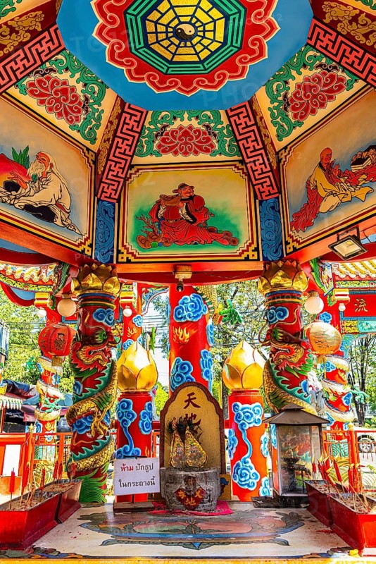 Colourful pagoda with mystical figures, Kad Luang Warorod Market, Chiang Mai Thailand