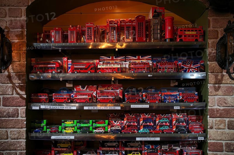 Miniatures of red telephone box, double-decker bus, souvenir shop, souvenirs, Kensington, London, England, Great Britain, Great Britain