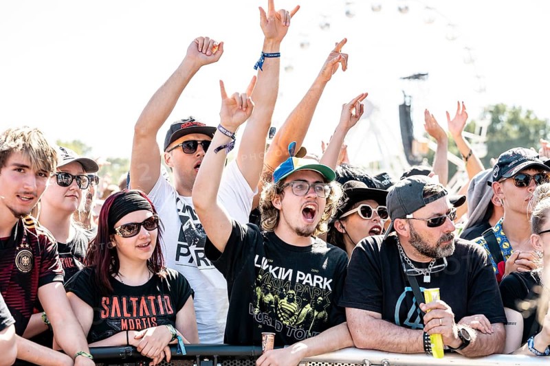 Festival-goers rock and sing at Rock im Park on Zeppelin Field in Nuremberg on 07.06.2026