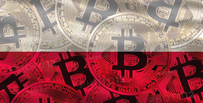 Polish flag with Bitcoins in the background. Bitcoin cryptocurrency with Poland flag, Investors in Blockchain Technology