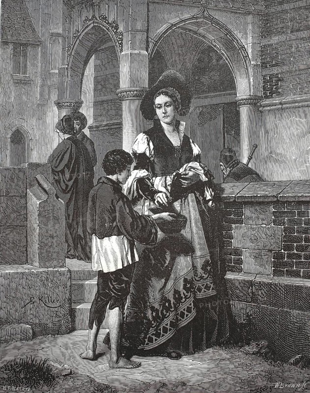 Picture showing a finely dressed lady in Renaissance or Baroque style giving alms to a poor, barefoot boy in the courtyard of a monastery or church, illustration, reproduction from a 19th-century model. Authentic, file restored for optimal use, exact date of submission unknown, historical