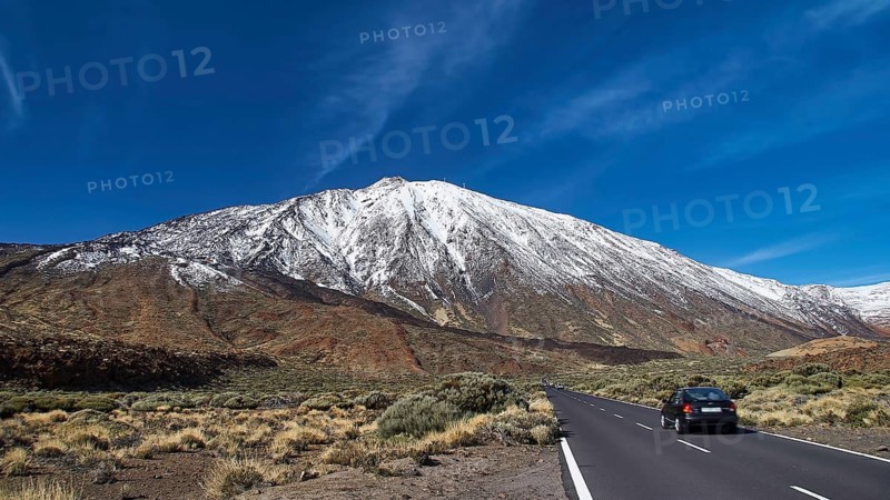 Snowy mountain, road with car, clear blue sky, Teide, Parque Nacional del Teide, Teide National Park, volcano, volcanism, UNESCO World Heritage Site, Tenerife, Canary Islands, Spain