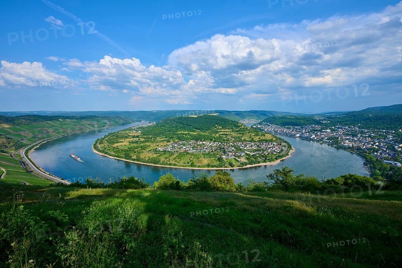 Wide panorama with a river loop next to a settlement and lush greenery, Rheinschleife, Rhine, Boppard, Rheingau, Hesse, Germany