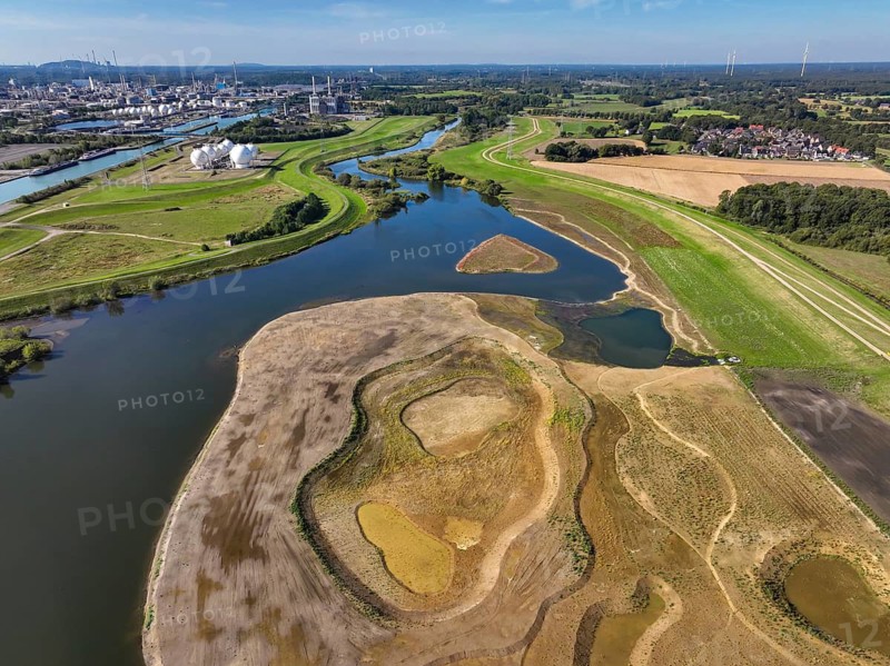 Haltern-Marl, North Rhine-Westphalia, Germany - Lippe, flood protection in the Haltern-Lippramsdorf-Marl area (HaLiMa) . Flood protection on the River Lippe by relocating the dyke and thus extending the floodplain. Marl Chemical Park at the back