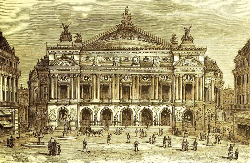 Exterior view of Opéra Garnier or Palais Garnier, opera house from 1875, architect Charles Garnier, neo-baroque, statue of Apollo, allegories, façade, architecture, rich ornamentation, art, ballet performances, public, columns, pomp, square, horse-drawn carriage, people, Paris, France, historical illustration 1885