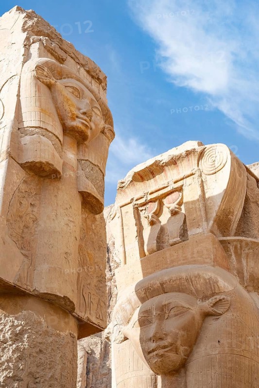 The Hathor capital columns, iconic ancient Egyptian pillars featuring the face of the goddess Hathor at the Temple of Hatshepsut, Luxor. Egypt