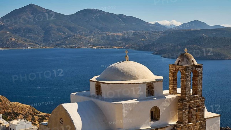 Panagia of Thalassitra church, Panagia Thalassitra, church building with dome and bell tower overlooking the sea and mountains, Plaka, capital on Milos, island of Milos, volcanic island, Cyclades, Greek islands, Greece