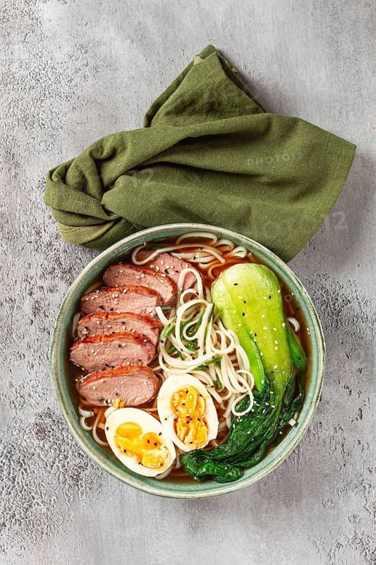 Ramen soup with duck and noodles, with eggs and bok choy, homemade, no people