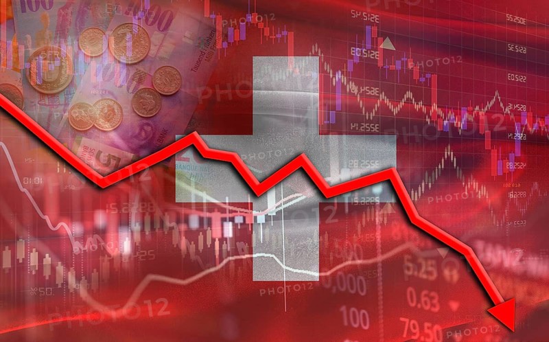 Switzerland financial fall on economy market. Swiss financial crisis on economic graph