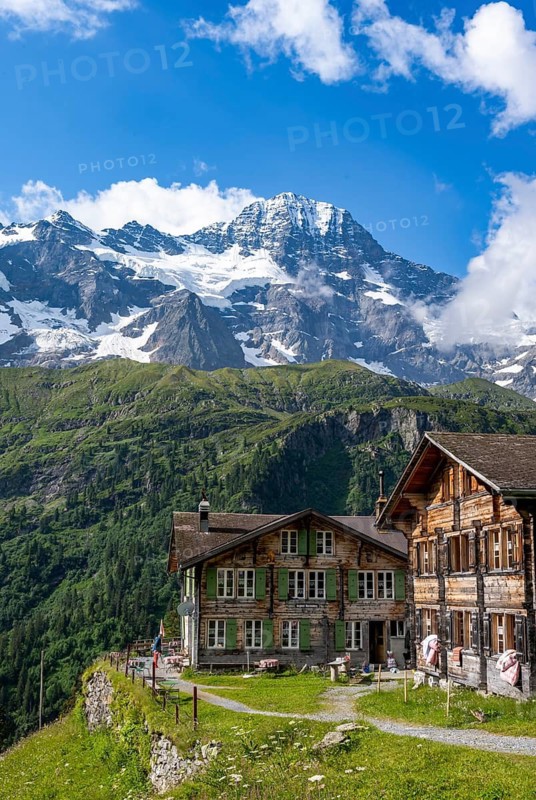 Picturesque mountain landscape with Berghotel Obersteinberg, Breithorn mountain peaks, Bernese Alps, Bernese Oberland, Switzerland