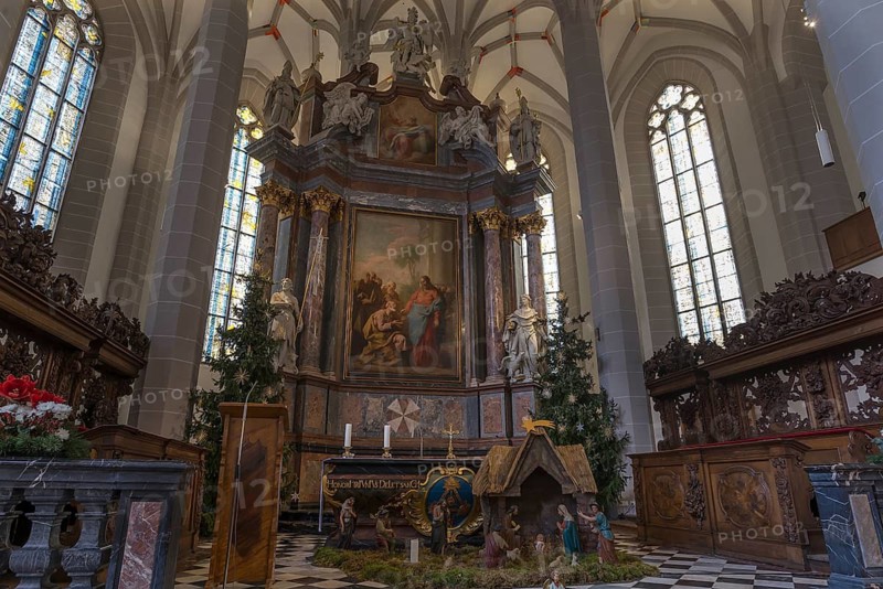 High altar in the Catholic part of the simultaneous church in the Gothic Cathedral of St. Peter, Bautzen, Upper Lusatia, Saxony, Germany