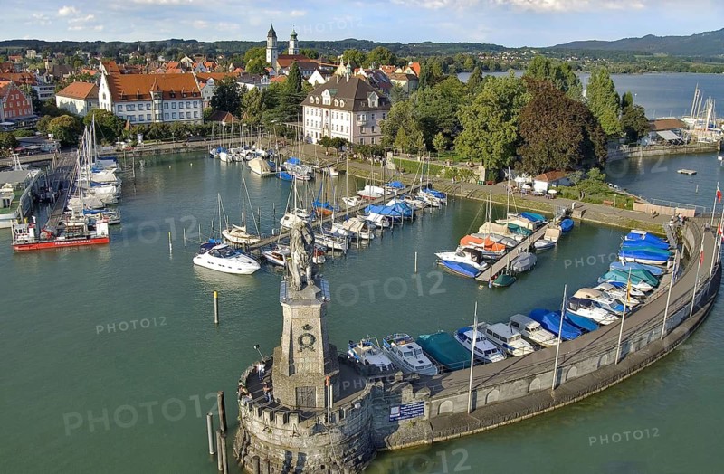 Aerial view of marina and lighthouse of Lindau am Lake Constance, Bavaria, Germany