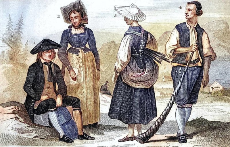 Traditional clothing styles and culture from the 19th century. Traditional traditional costume from St. Gallen (1, 2, 3) and a farmer from the canton of Schwyz, Switzerland, illustration, reproduction of a 19th-century original. Authentic, file restored for optimal use, exact date of the original unknown, historical, nostalgically coloured
