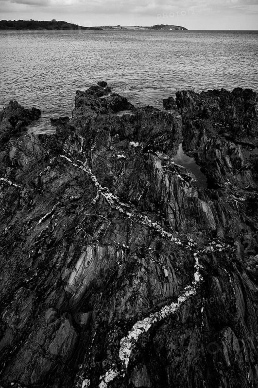 Rocky coast, rocky beach, Pennance Point, black and white, Falmouth, Falmouth Bay, Cornwall, England, Great Britain, Great Britain