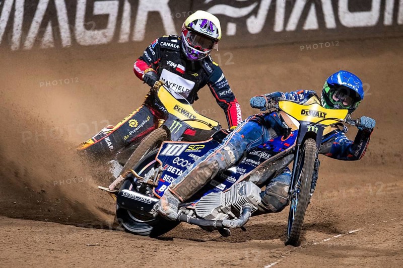WROCLAW, POLAND - JUNE 20, 2026: DEWALT FIM Speedway GP of Poland. Speedway riders competing on dirt track. Heat 16. Leader Brady Kurtz (B) Andzejs Lebedevs (W)
