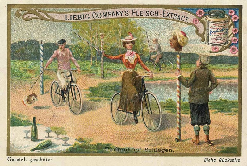 Cycling picture series, scene illustrating the game Turks' head hitting on a bicycle. Cyclists try to knock a wooden head, the Turk's head, off a pole while driving past, digitally restored reproduction of a collector's painting from around 1900, exact date unknown