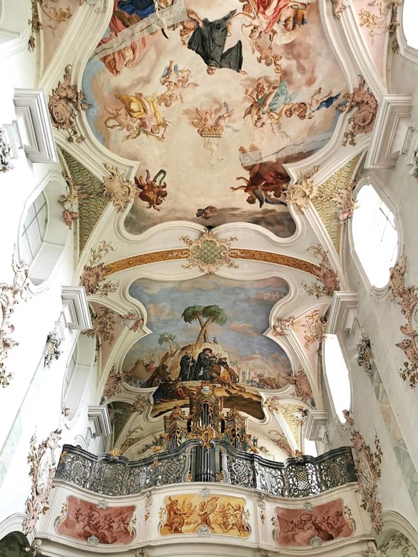 Ceiling fresco of the monastery church in Mönchsdeggingen Abbey, former monastery of the Mariannhill Missionaries, near Nördlingen on southern Riesrand, Donau-Ries district, Swabia, Bavaria, Germany