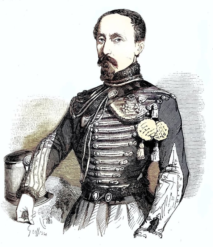 Pierre Louis Alphonse Courby de Cognord (1799–1862), a highly decorated French officer who later rose to the rank of general. He is wearing a magnificently decorated hussar's uniform, a dolman, featuring the characteristic dense braiding, olive-shaped trimmings and wide lacing across the chest, a reproduction based on a 19th-century original. Authentic, file restored for optimal use, exact date of the original unknown, nostalgically coloured