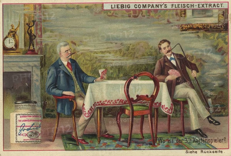 Picture series Search game puzzles, Where is the third card player? Scene shows two men playing cards while the picture simultaneously depicts a puzzle, picture of love, digitally restored reproduction of a collector's painting from around 1900, exact date unknown