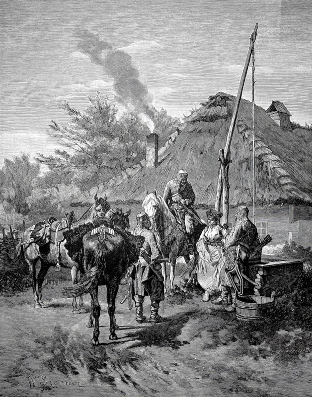Circassian tank riders at a village well. The depiction captures a moment of rest in a Caucasian or Eastern European village. The North Caucasian Circassians are characterized by the combination of chainmail, helmet and the typical equestrian saber, shishka, which they themselves still wore in battle in the 19th century, illustration, reproduction of a model from the 19th century. Authentic, file restored for optimal use, exact date of submission unknown, historical