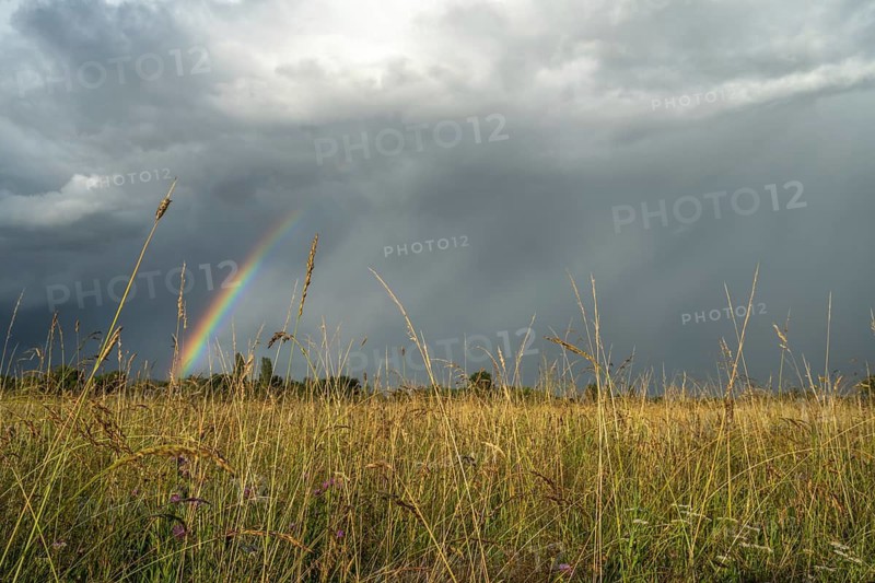 A rainbow appears in the cloudy sky over a field and bears witness to the traces of the recent storm in the countryside. Bas-Rhin, Alsace, France