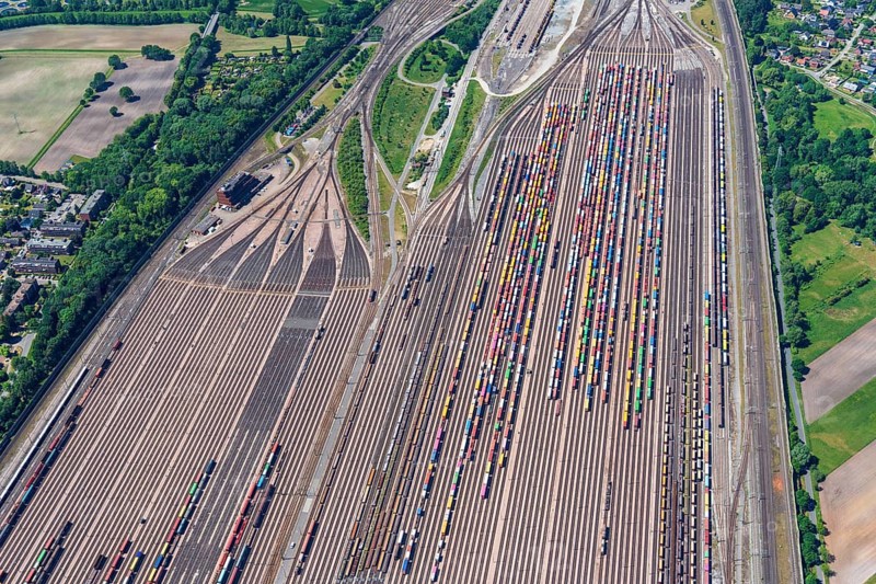 Europe, Germany, Lower Saxony, Maschen, municipality, Seevetal, district, Harburg, Lüneburger Heide, commuter catchment area, rail, Deutsche Bahn, freight train, transfer, maneuver, order, transport, loads, connection, rails, network, series, symbol, logistics, German, DB, passenger transport, rail traffic, rail traffic, rail traffic, rail traffic, train connection, train traffic, infrastructure, aerial view, top view, aerial view, aerial view, aerial view, aerial view, aerial view, bird's eye view, wagon, wagons